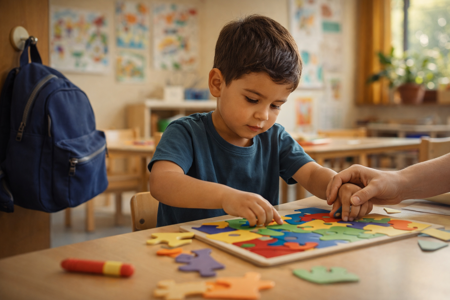 Kind löst ein Puzzle mit Begleitung — Teilhabeassistenz