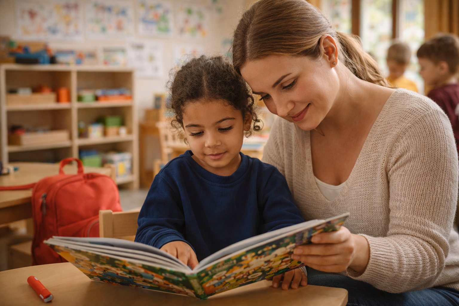 Betreuerin liest mit einem Kind — Kinder- und Jugendlichenpsychotherapie