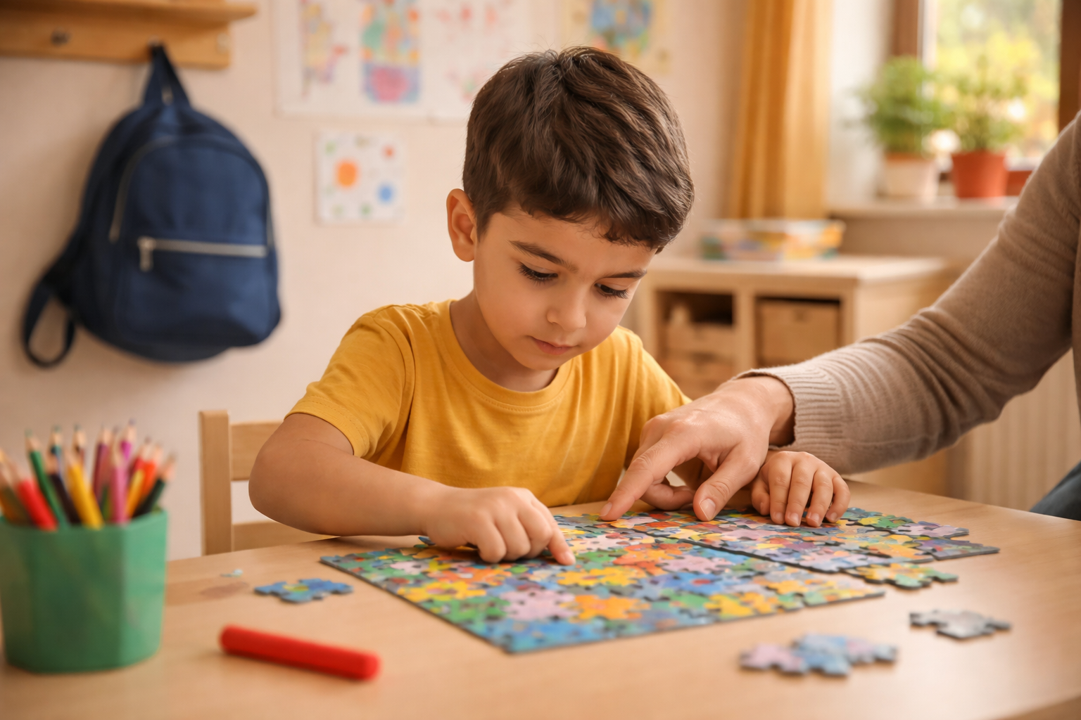 Kind löst ein Puzzle mit Unterstützung — Sozialtherapie