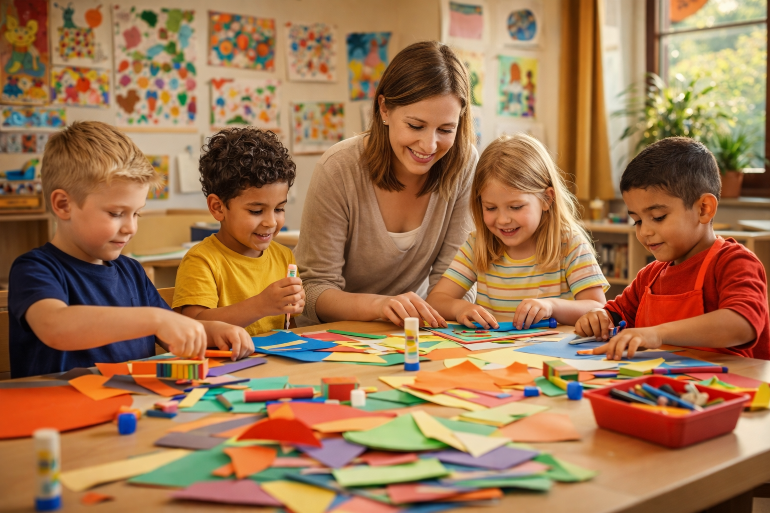 Erzieherin bastelt mit Kindergruppe — Systemische Familienberatung
