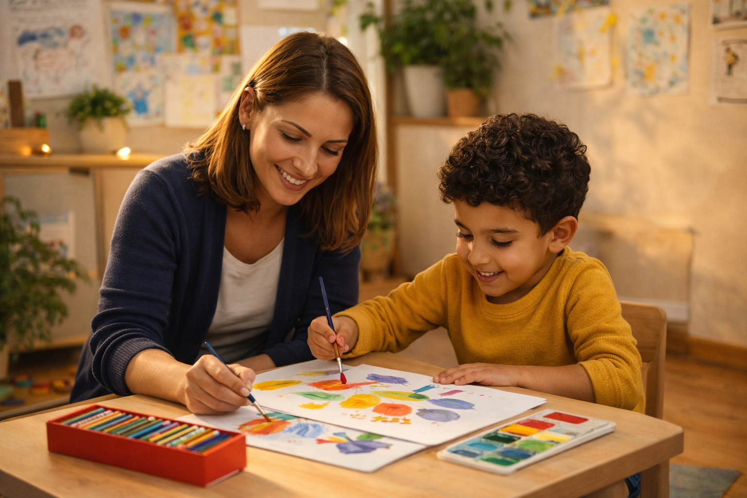 Betreuerin malt gemeinsam mit einem Kind — Impuls GmbH